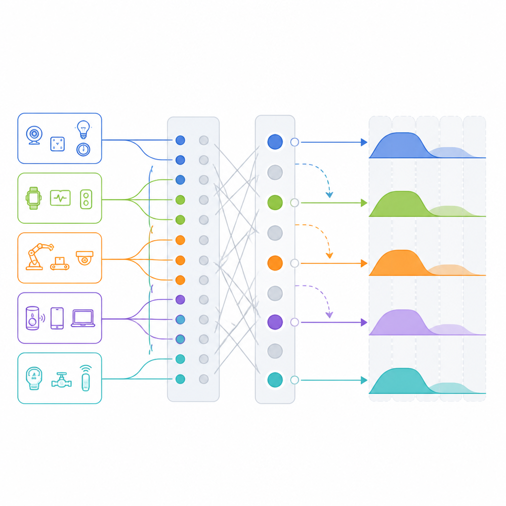 Figure 2. Step-by-step view of how smart matching and trading reshuffle spectrum so many devices reuse it with low interference
