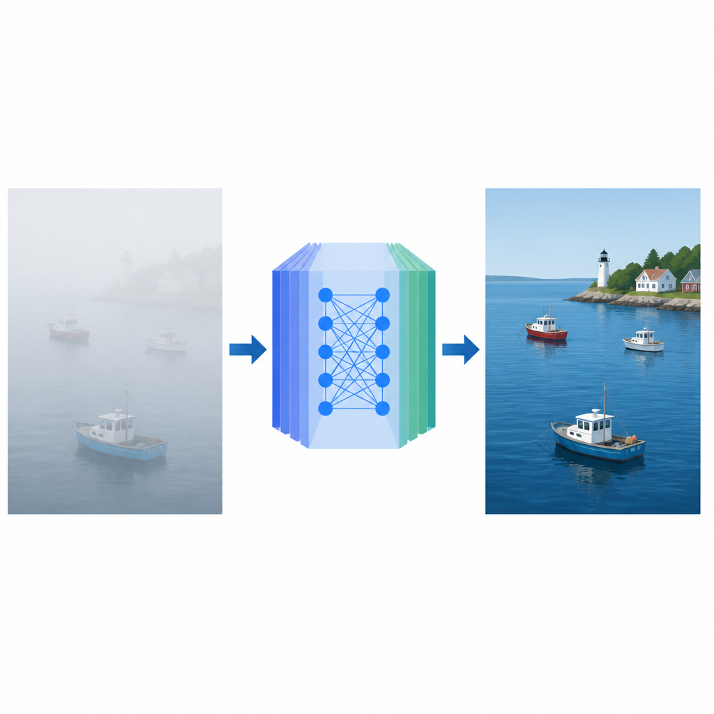 Figure 1. Un sistema di IA trasforma immagini d'acqua nebbiose in viste più nitide affinché piccole barche e ostacoli emergano chiaramente.