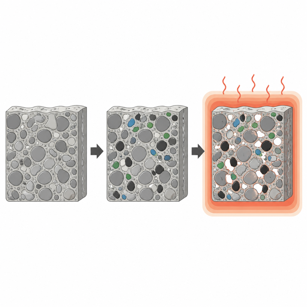 Figure 2. Wie Zugabe von Gummi und Hitze Beton im Laufe der Zeit von dicht und stark zu porös und rissig verändert.