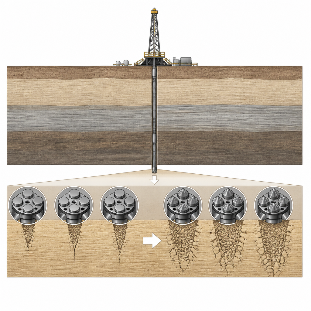 Figure 1. W jaki sposób nowy projekt zęba wiertła z grzbietami ułatwia bardziej wydajne łamanie głębokiego, twardego piaskowca dla wydobycia gazu.