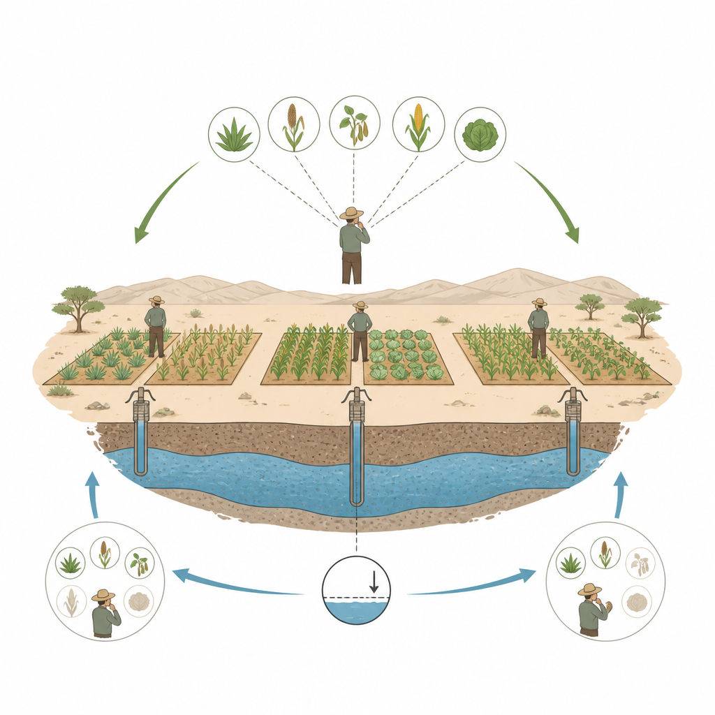 Figure 1. Landwirte, die sich eine unterirdische Wasserquelle teilen, verändern Anbaupflanzen und Pumpverhalten, was wiederum den Aquifer verändert, der ihre Felder speist.