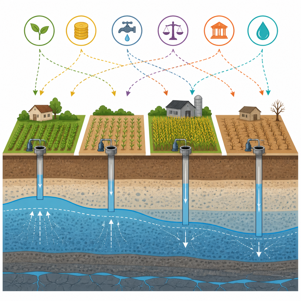 Figure 2. Verschiedene Landwirtstypen und politische Maßnahmen verändern die Entnahme aus Brunnen, wodurch der Grundwasserspiegel im Laufe der Zeit steigt oder fällt.