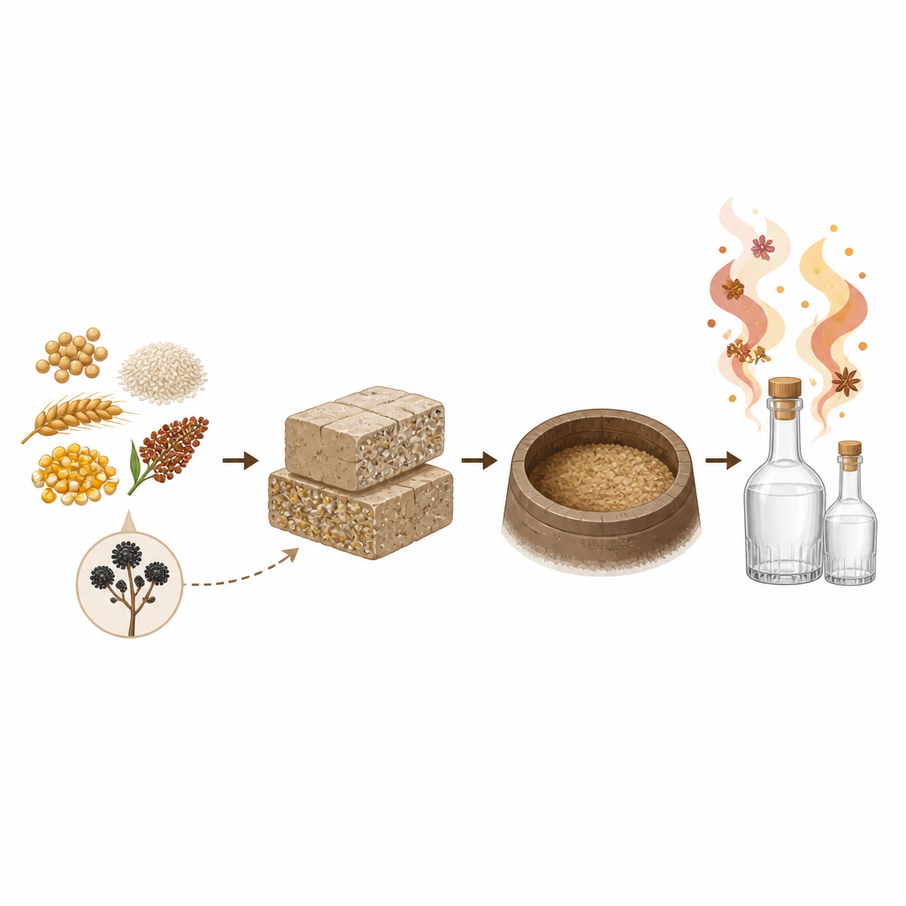 Figure 1. Hur tillsats av en soja­sås‑svamp i Baijiu‑startbriketter leder till rikare smak i den färdiga spriten.