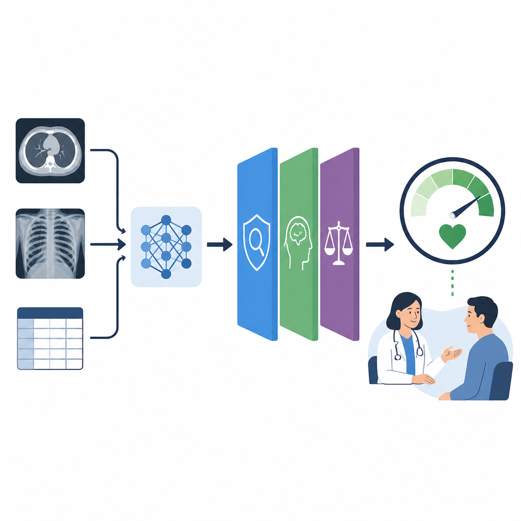 Figure 1. Come dati medici, IA ed etica si combinano per produrre un unico punteggio di fiducia per le decisioni cliniche