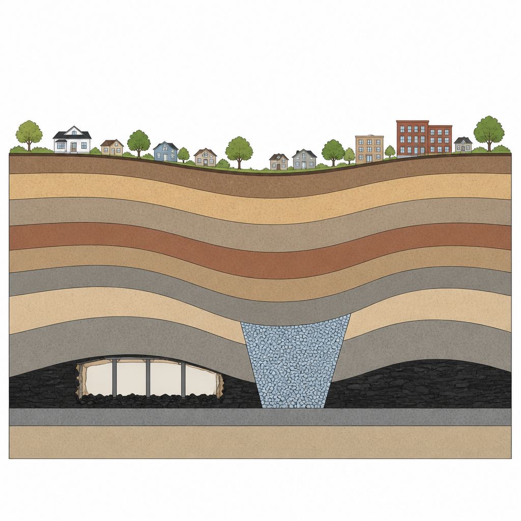 Figure 1. Hoe het vullen van verborgen kieren boven gewonnen steenkool helpt om het aardoppervlak tegen zakken en barsten te beschermen.