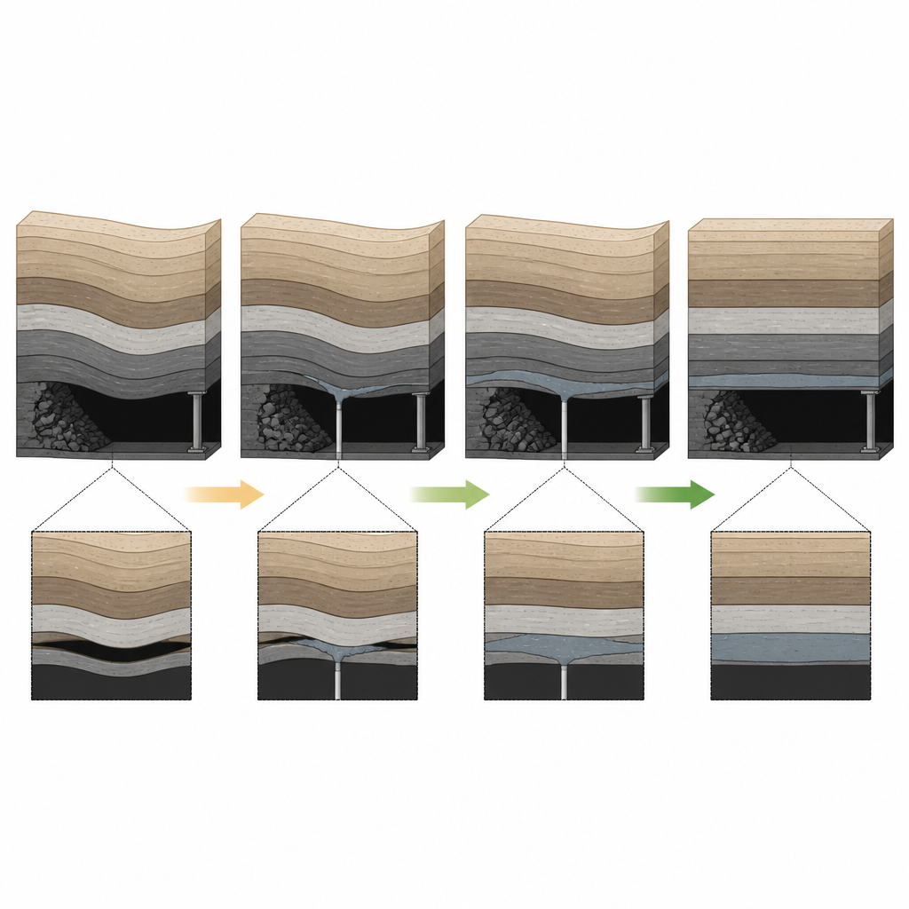 Figure 2. Hoe meer grout en wijzigingen in paneelgrootte het buigen van ondergrondse gesteentelagen verminderen en oppervlakteverzakking verzachten.