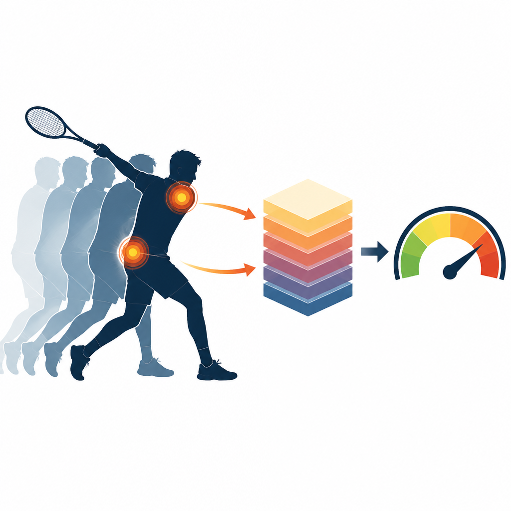 Figure 2. Los sensores ponen de manifiesto las articulaciones sometidas a estrés a lo largo del tiempo, mientras que un modelo por capas transforma esas señales en niveles variables de riesgo de lesión.