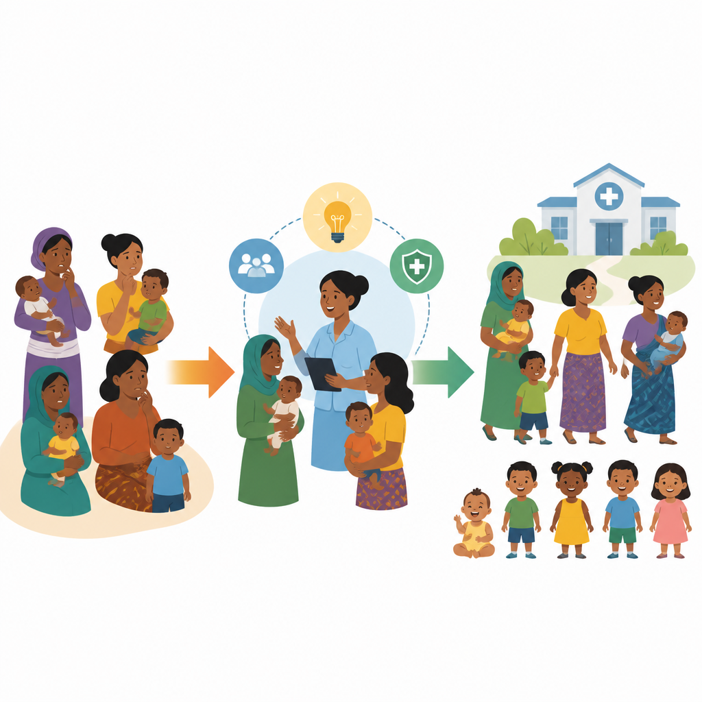 Figure 2. Wie besseres Verständnis bei Müttern zu stärkerer Impf­nutzung und gesünderen Kindern im Laufe der Zeit führt.