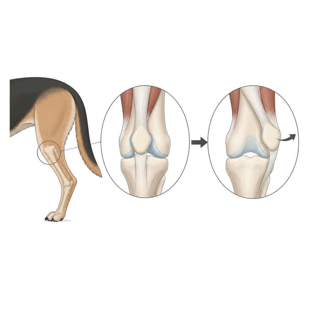 Figure 1. Come lo scivolamento della rotula nei cani porta da un movimento normale a un’articolazione del ginocchio disallineata e sottoposta a stress.