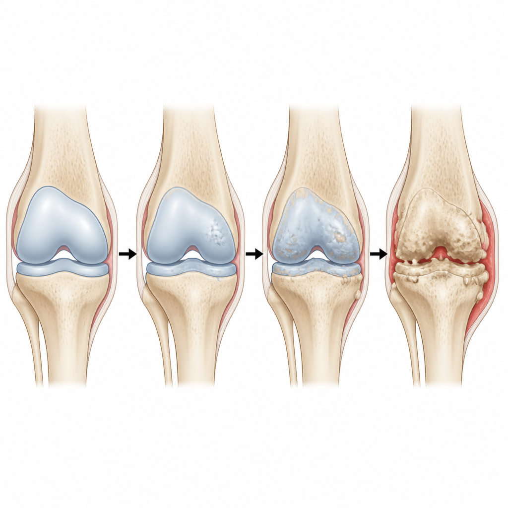 Figure 2. Visione passo dopo passo della superficie del ginocchio di un cane che passa da una cartilagine liscia a un osso eroso con infiammazione.