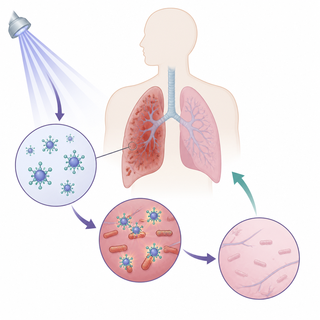 Figure 1. Door licht geactiveerde kleurstofachtige moleculen die gericht zijn op kwetsbare plekken in TB-bacteriën in de longen.