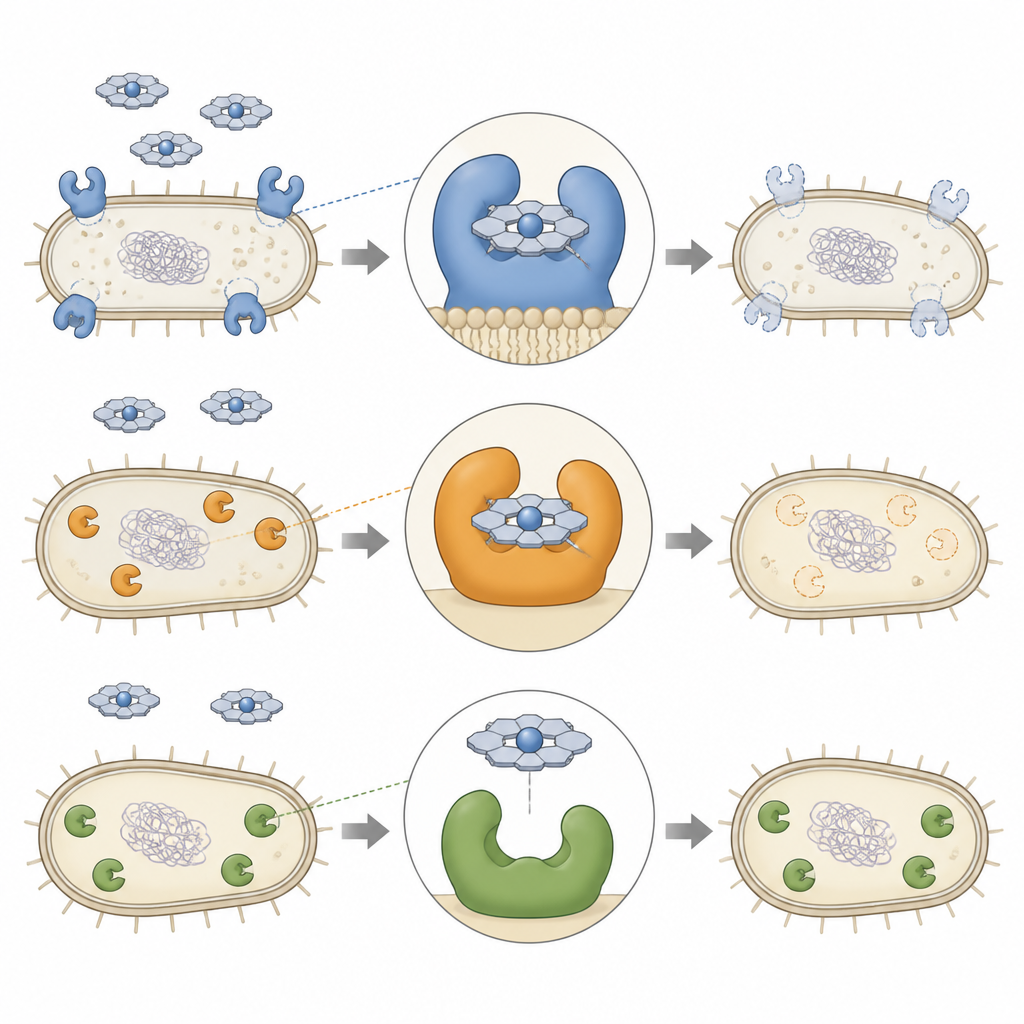 Figure 2. Porfyrinemoleculen die in enzympockets van TB-bacteriën passen, twee typen blokkeren maar een derde ongemoeid laten.