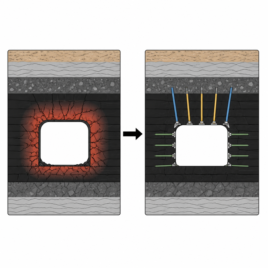 Figure 1. Cómo reforzar el carbón debilitado alrededor de un túnel convierte una galería peligrosa en un paso subterráneo más seguro y estable.