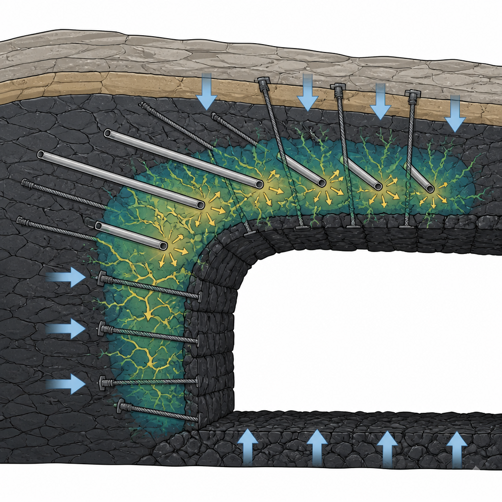 Figure 2. Cómo los tubos rellenos de lechada y los pernos trabajan juntos para bloquear el carbón y la roca alrededor de un túnel y limitar el movimiento del techo y las paredes.