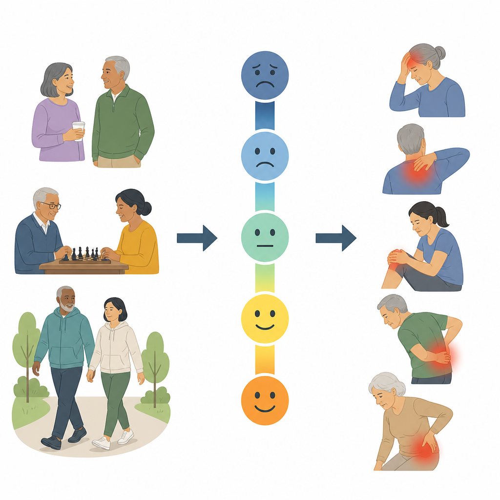 Figure 1. Cómo el estado de ánimo bajo en la mediana edad y la vejez se relaciona con el dolor corporal cotidiano, incluso cuando los síntomas parecen leves.