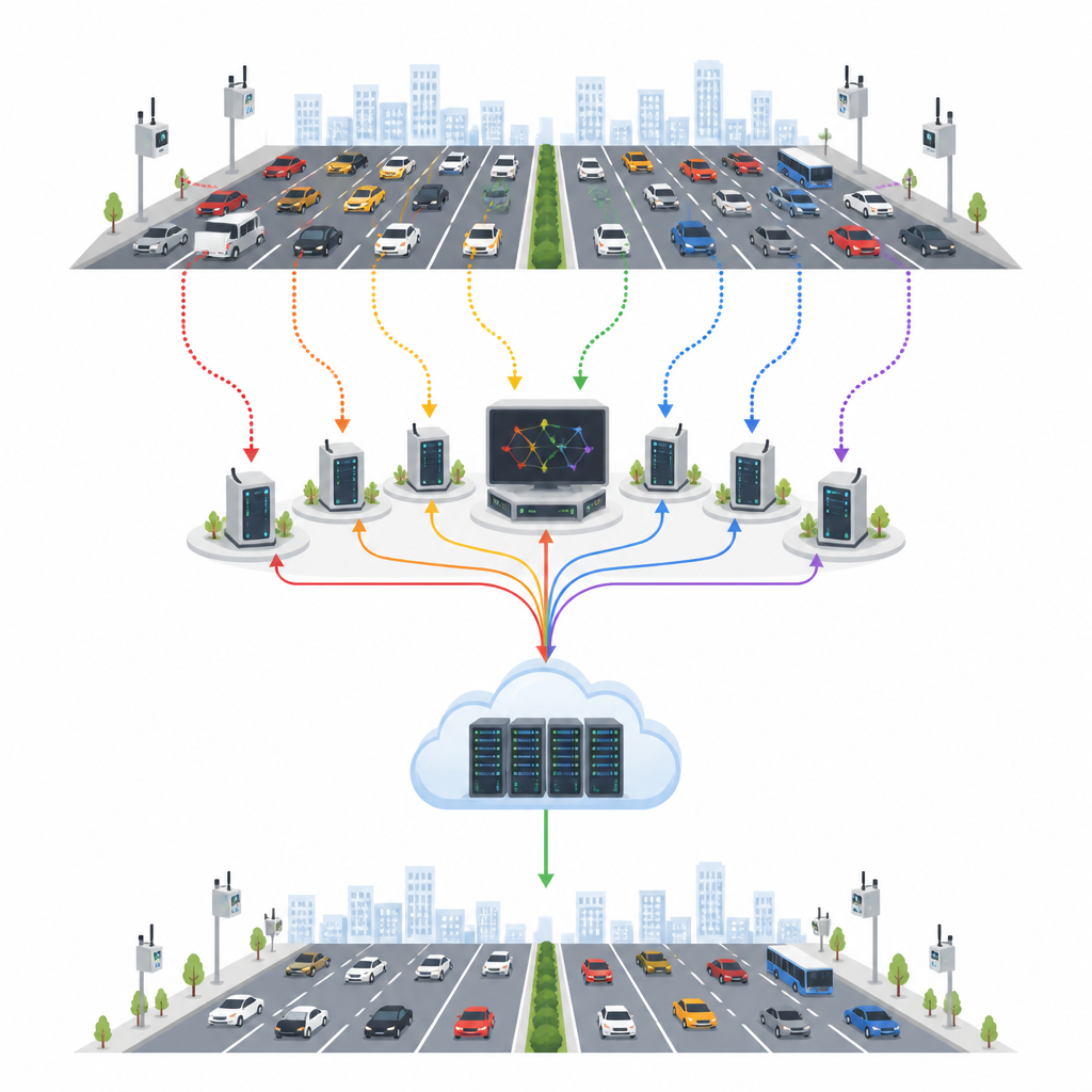 Figure 1. Hoe auto’s, wegkantapparaten en clouddiensten samenwerken om urgente en normale voertuiggegevens veilig en efficiënt te verplaatsen.