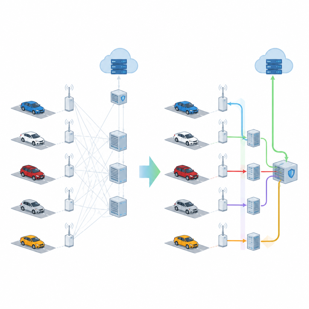 Figure 2. Hoe het systeem snellere, veiligere routes kiest voor belangrijke voertuigherenberichten terwijl zwakke verbindingen en onbetrouwbare apparaten worden vermeden.