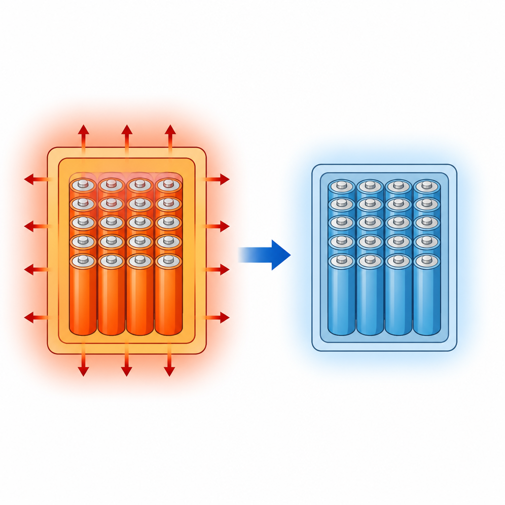 Figure 1. Cómo una envoltura similar a la cera ayuda a un paquete de baterías redondas a disipar calor y mantenerse dentro de un rango de temperatura seguro.