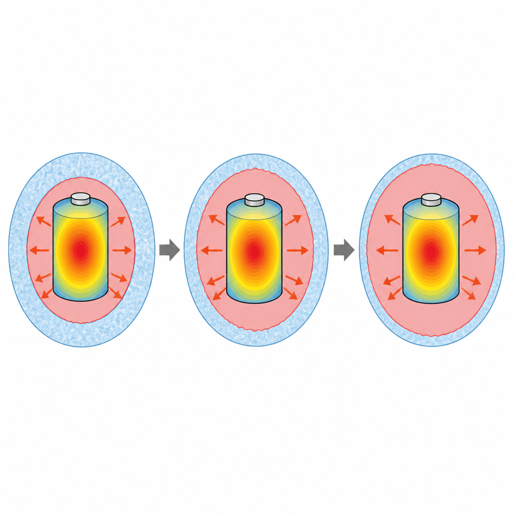 Figure 2. Cómo fluye el calor desde un núcleo de batería caliente hacia una envoltura que se funde, mostrando la frontera móvil entre el material de refrigeración sólido y líquido.