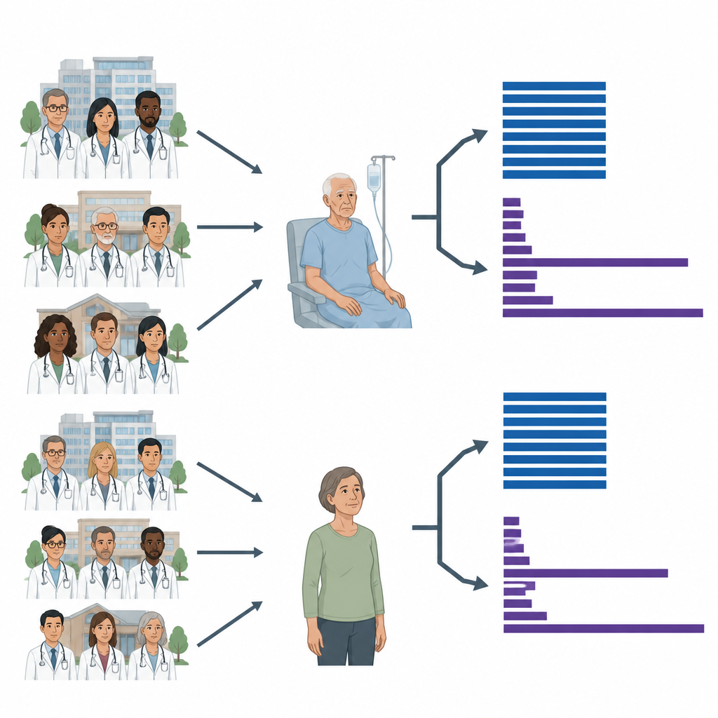 Figure 2. Come l’età del medico e il contesto ospedaliero influenzano la scelta tra un trattamento per il linfoma più sicuro o un’opzione rischiosa con sopravvivenza rara ma più lunga.