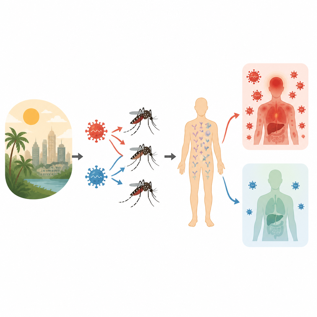 Figure 1. Cómo las infecciones por dengue y Zika interactúan a través de los mosquitos y la inmunidad humana para moldear los resultados de la enfermedad.