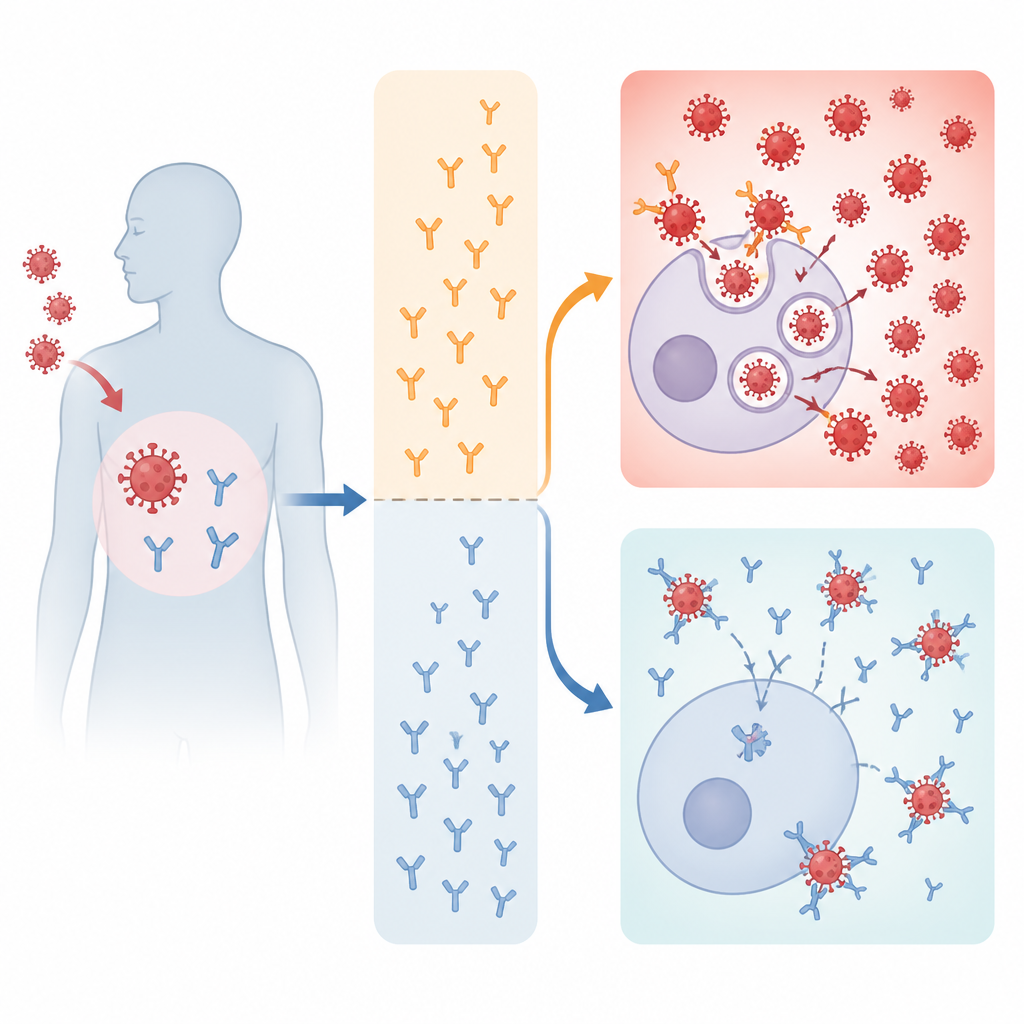 Figure 2. Cómo los anticuerpos de una primera infección por dengue o Zika pueden potenciar o bloquear una segunda infección según su nivel.