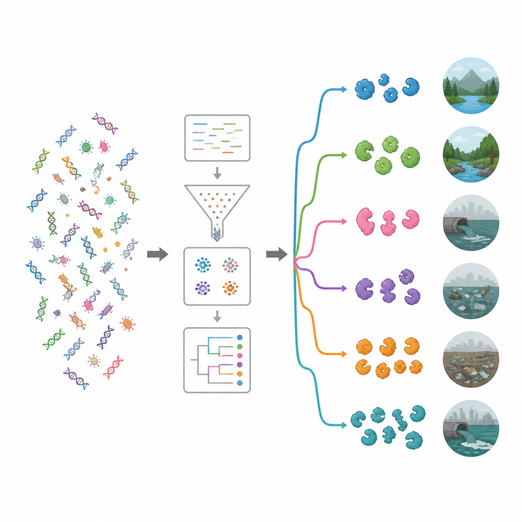 Figure 2. Hoe DNA uit vele habitats door computers wordt gefilterd om enzymtypen te koppelen aan schone en verontreinigde omgevingen.