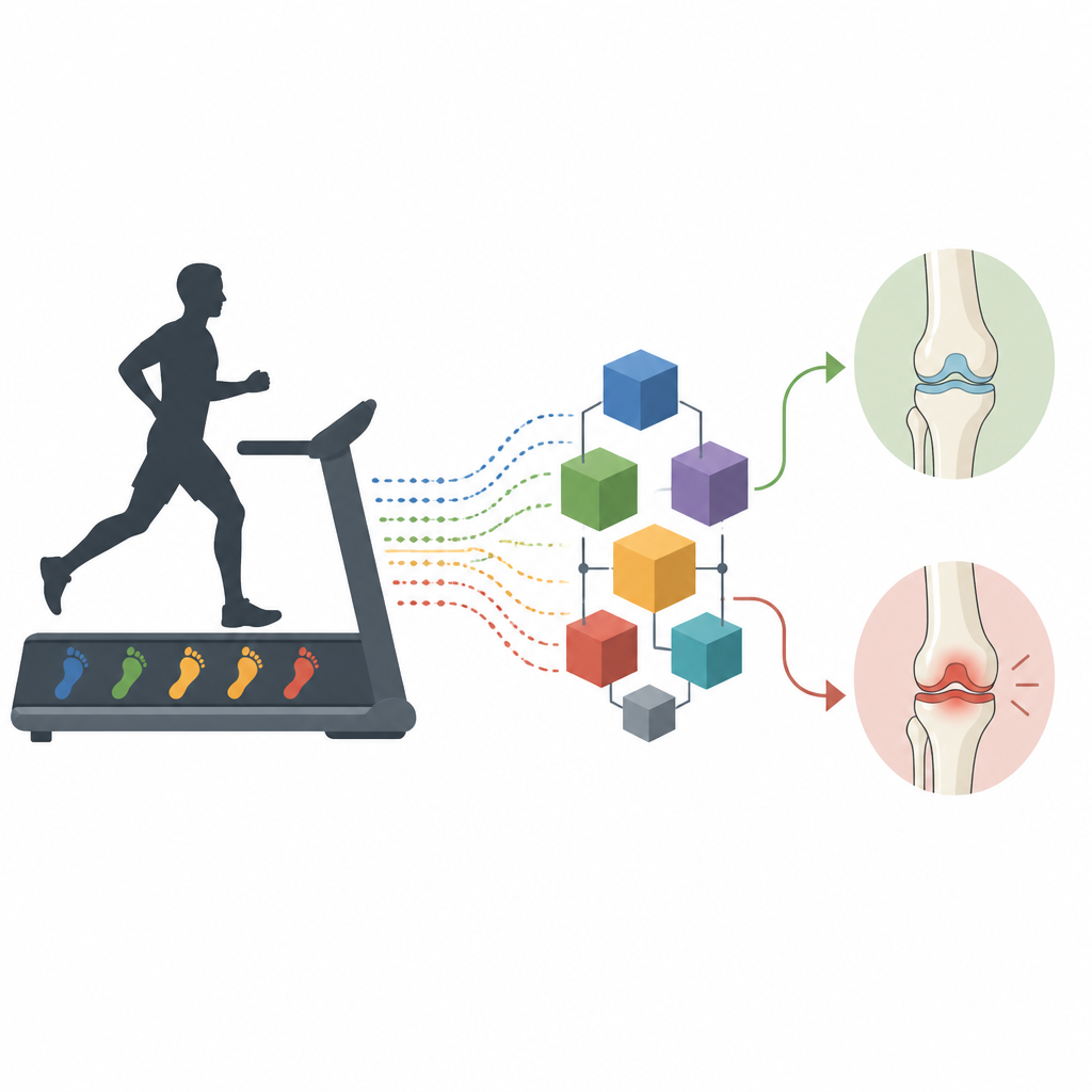 Figure 1. Het gebruik van computeranalyse van lopen op een loopband om gezonde en met ACL gerepareerde atleten te scheiden op basis van hun bewegingspatroon.