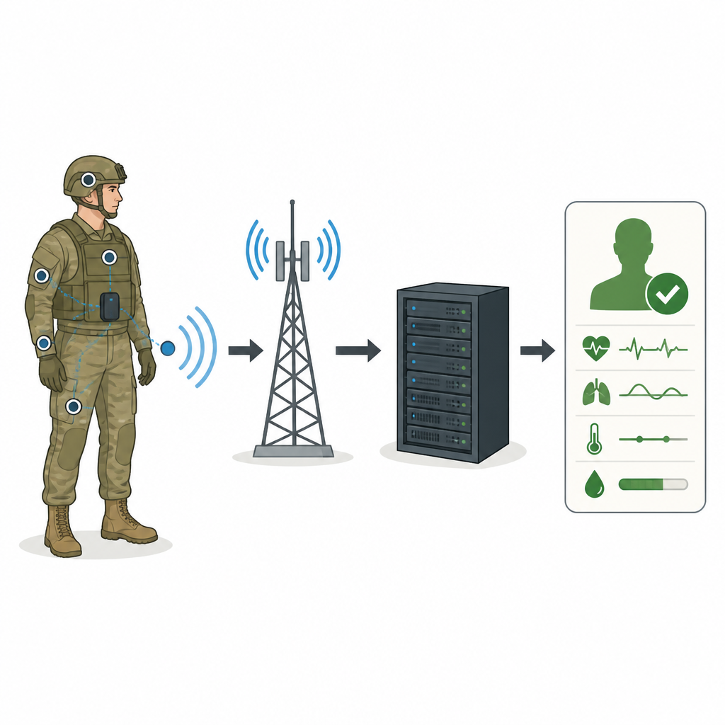 Figure 1. Come sensori indossabili e radio a lunga portata collaborano con l’IA per sorvegliare la salute dei soldati sul campo