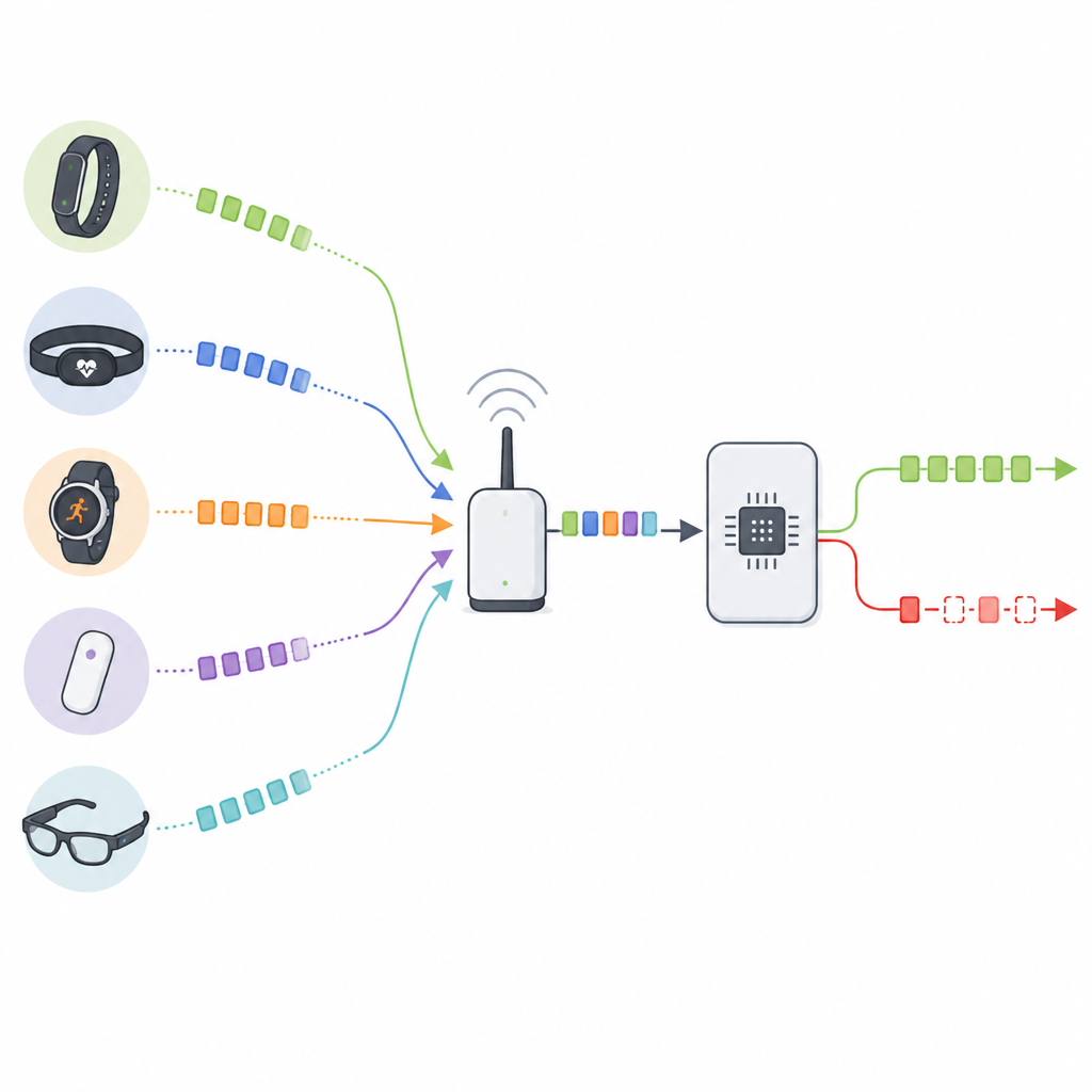 Figure 2. Visione passo dopo passo dei pacchetti di segni vitali che attraversano un canale wireless rumoroso fino a un modello di IA che segnala stati di rischio