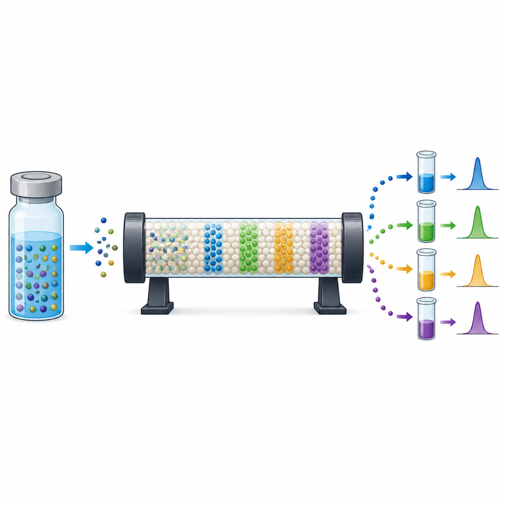 Figure 2. How a chromatography column separates tiny impurity molecules from a contrast drug step by step