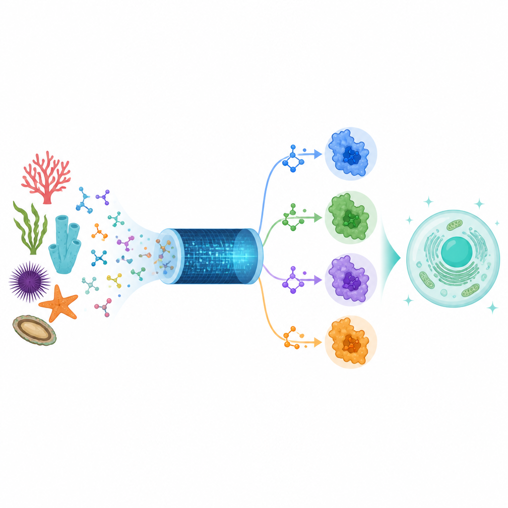 Figure 1. Kleine, aus dem Ozean stammende Molekülteile fließen durch eine digitale Pipeline in krebsrelevante Proteinziele und zu einer gesünderen Zelle.