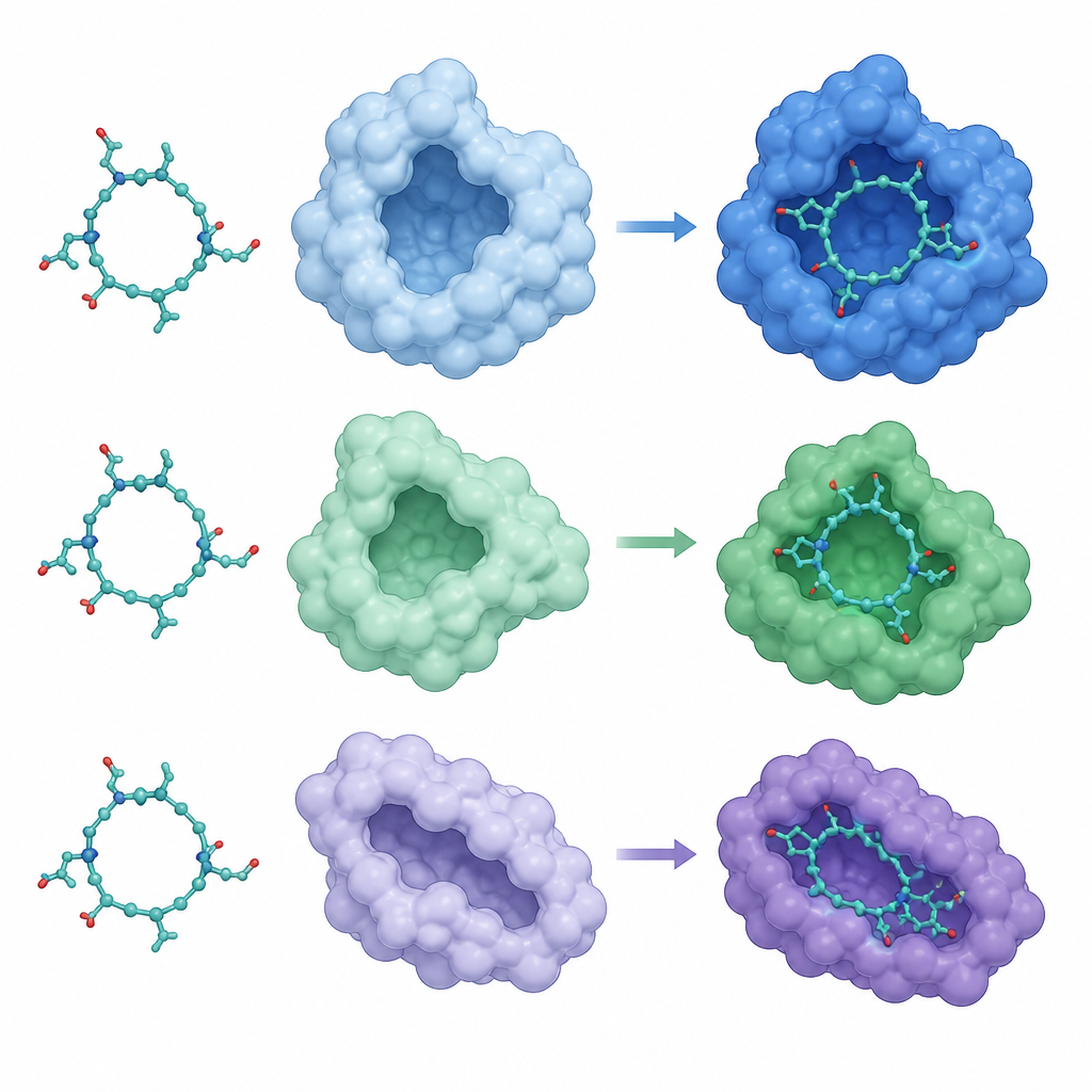 Figure 2. Ein komplexes ringförmiges Meeresmolekül passt sich schrittweise mehreren unterschiedlich geformten Proteintaschen an und zeigt stabile Bindung.