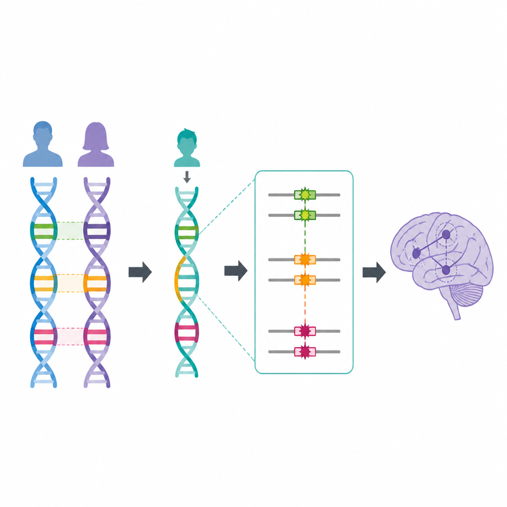 Figure 2. Krok po kroku, jak wspólne DNA od spokrewnionych rodziców ujawnia rzadkie parowe zmiany genetyczne powiązane z autyzmem.