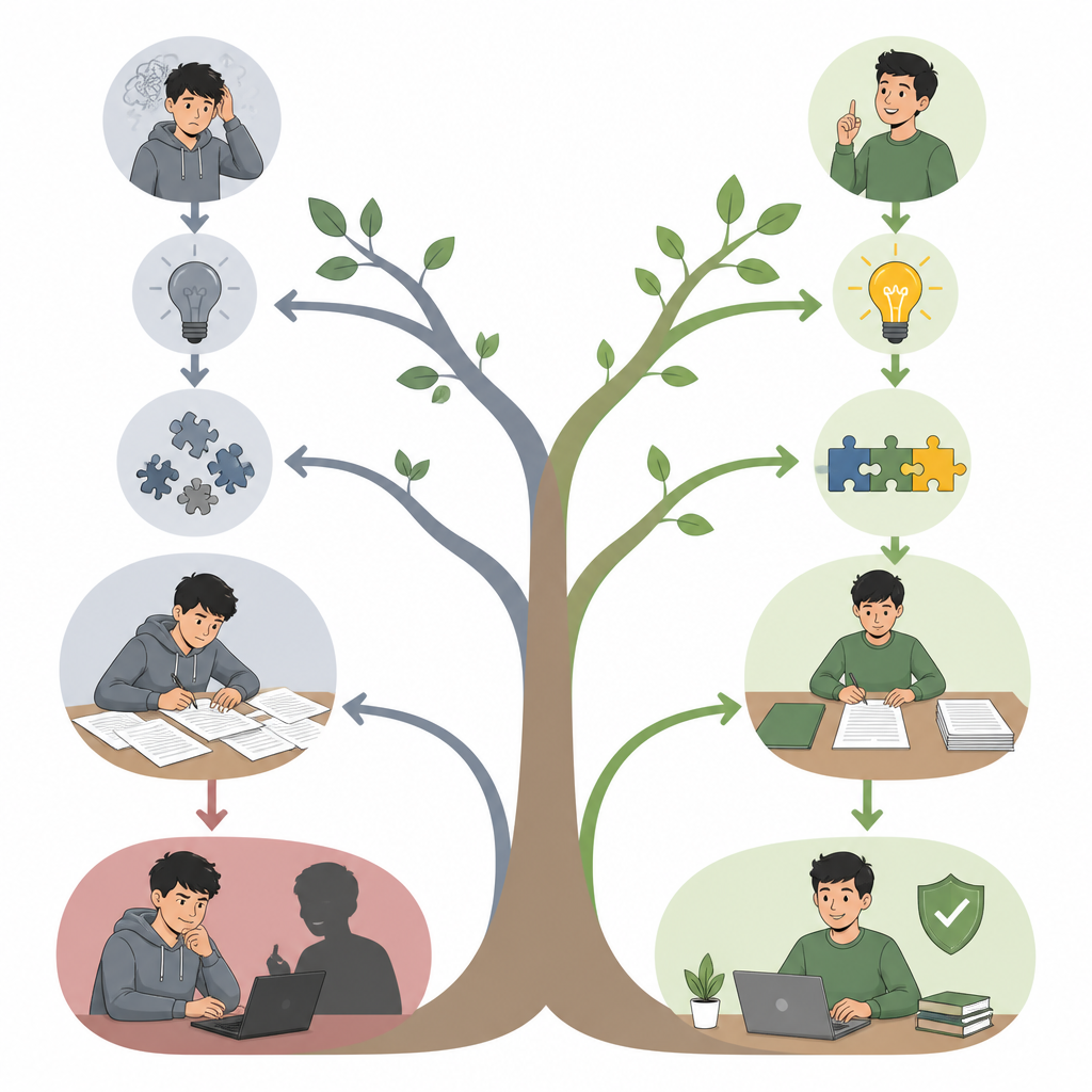 Figure 2. Come la conoscenza e gli atteggiamenti degli studenti si diramano verso scorciatoie di copiatura o pratiche di ricerca oneste.