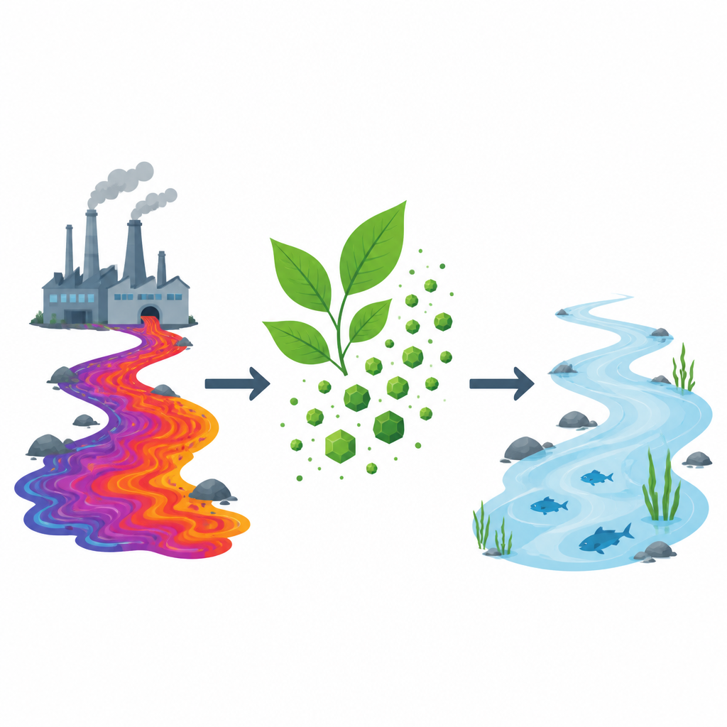 Figure 1. Mit Blättern hergestellte Nanopartikel reinigen gefärbte Abwässer mittels sichtbaren Lichts und verwandeln verschmutzte Gewässer in klares Wasser.