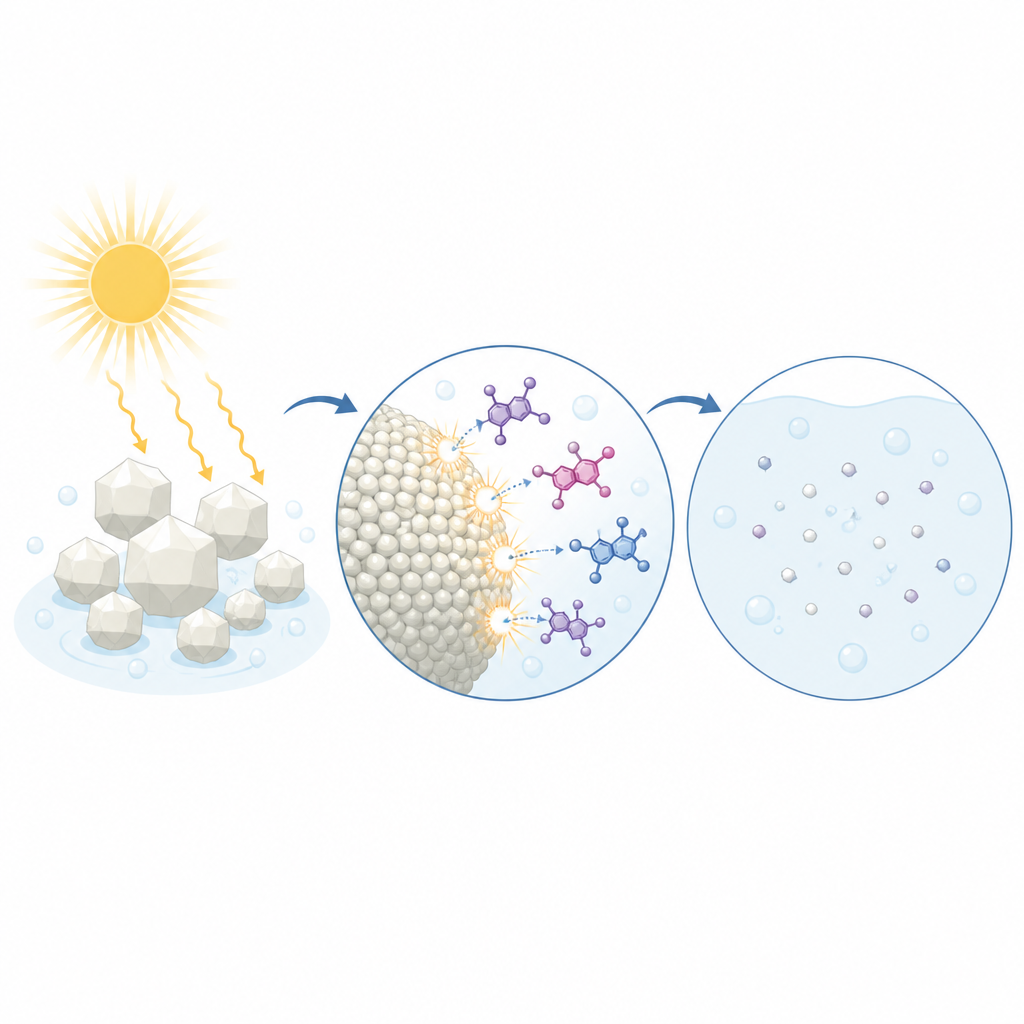 Figure 2. Sonnenlicht aktiviert die Nanopartikeloberflächen, die Farbmoleküle im Wasser schrittweise in harmlose Bestandteile zerlegen.