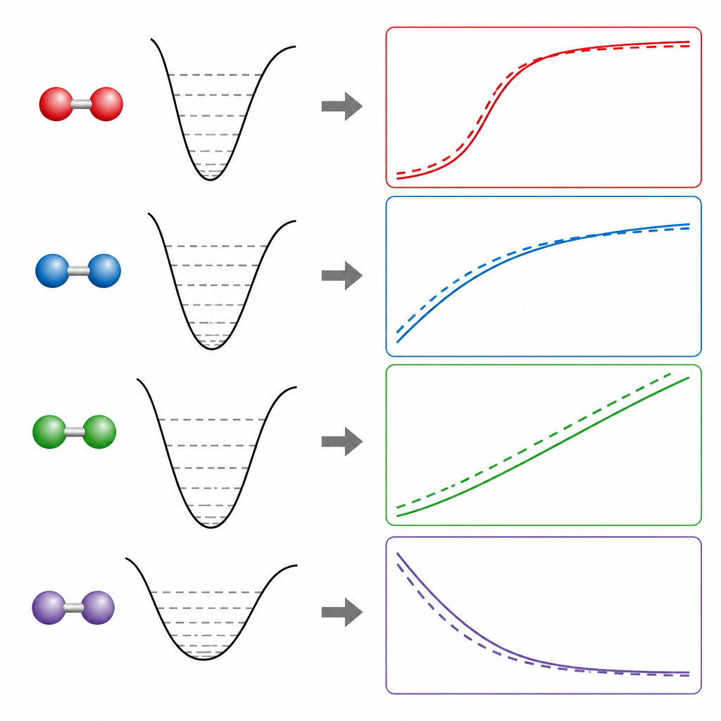 Figure 2. Come la messa a punto dei parametri di forma del legame predice curve di temperatura regolari per capacità termica, entropia, entalpia ed energia libera di Gibbs.