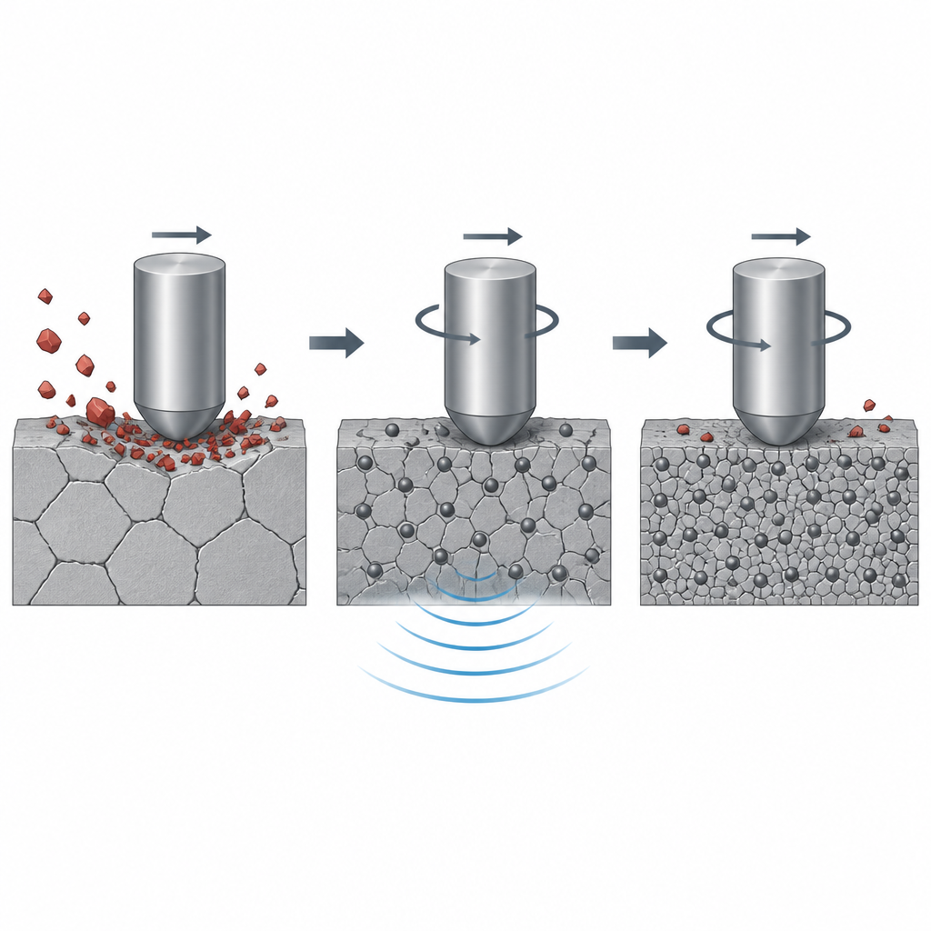 Figure 2. Las partículas duras y la vibración ultrasónica refinan la superficie metálica de modo que un pasador deslizante genera mucha menos cantidad de detrito por desgaste.