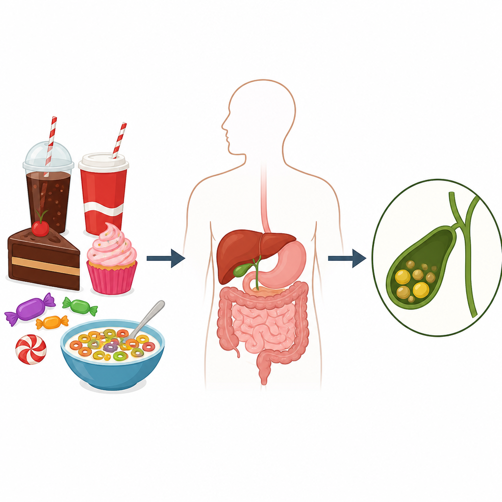 Figure 1. Hoe het eten van meer suikerhoudende voedingsmiddelen samenhangt met een grotere kans op het ontwikkelen van galstenen bij volwassenen.