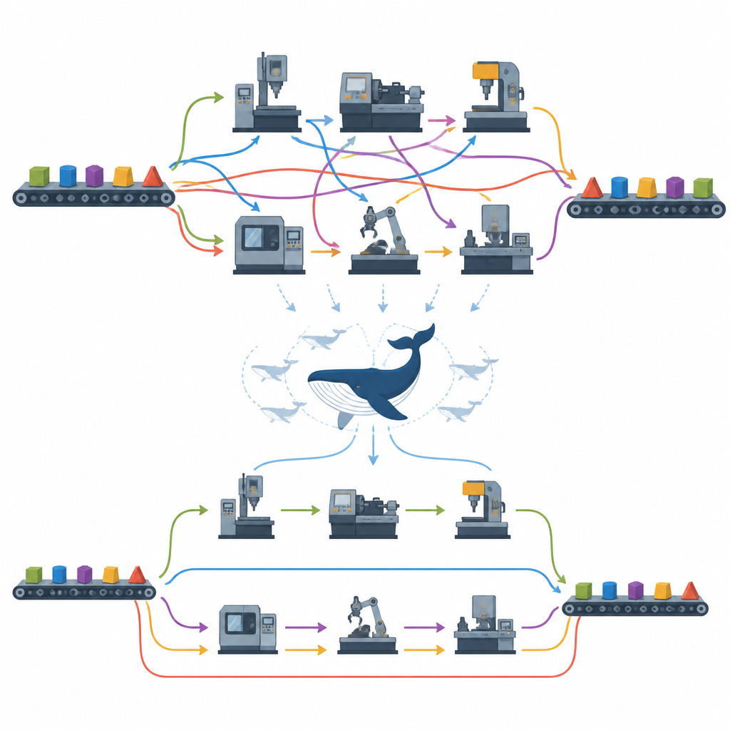 Figure 1. How a whale-inspired algorithm helps factories route tasks through aging machines more efficiently.