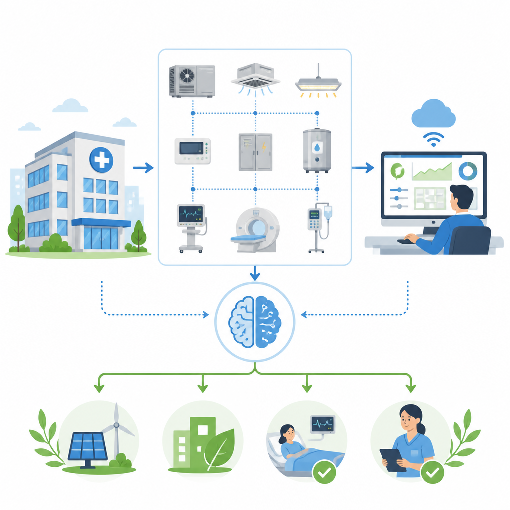 Figure 1. Wie eine intelligente Steuerungsschicht Krankenhäusern hilft, Energieverschwendung zu reduzieren und gleichzeitig die Patientenversorgung aufrechtzuerhalten.