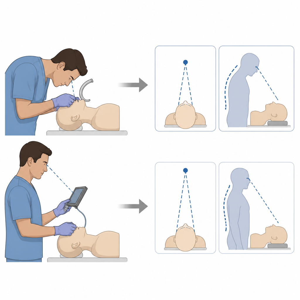 Figure 1. Wie unterschiedliche Atemwegshilfen die Haltung und Blickachse von Ärztinnen und Ärzten während einer lebensrettenden Beatmungsschlauchprozedur verändern.