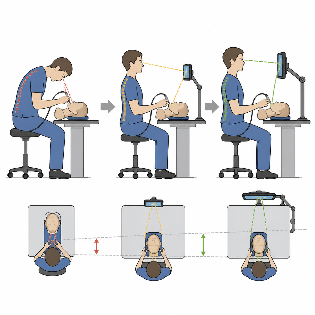 Figure 2. Schrittweiser Wandel von gebückter, nahsichtiger Betrachtung hin zu stabiler, expertenähnlicher Distanz, wenn Auszubildende ein videoassistiertes Atemwegsgerät verwenden.