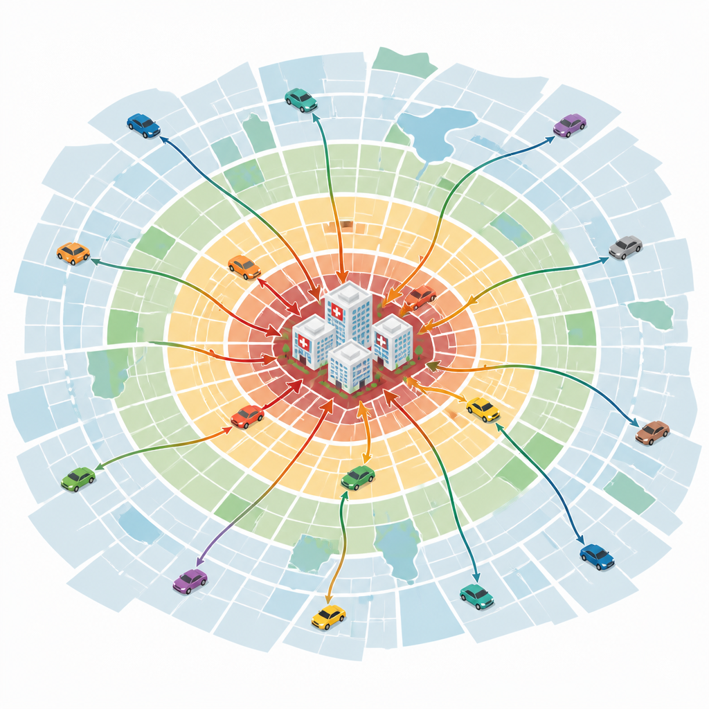 Figure 1. Come la conformazione e il traffico di una grande città determinano chi può raggiungere in tempo gli ospedali di emergenza di massimo livello in auto.