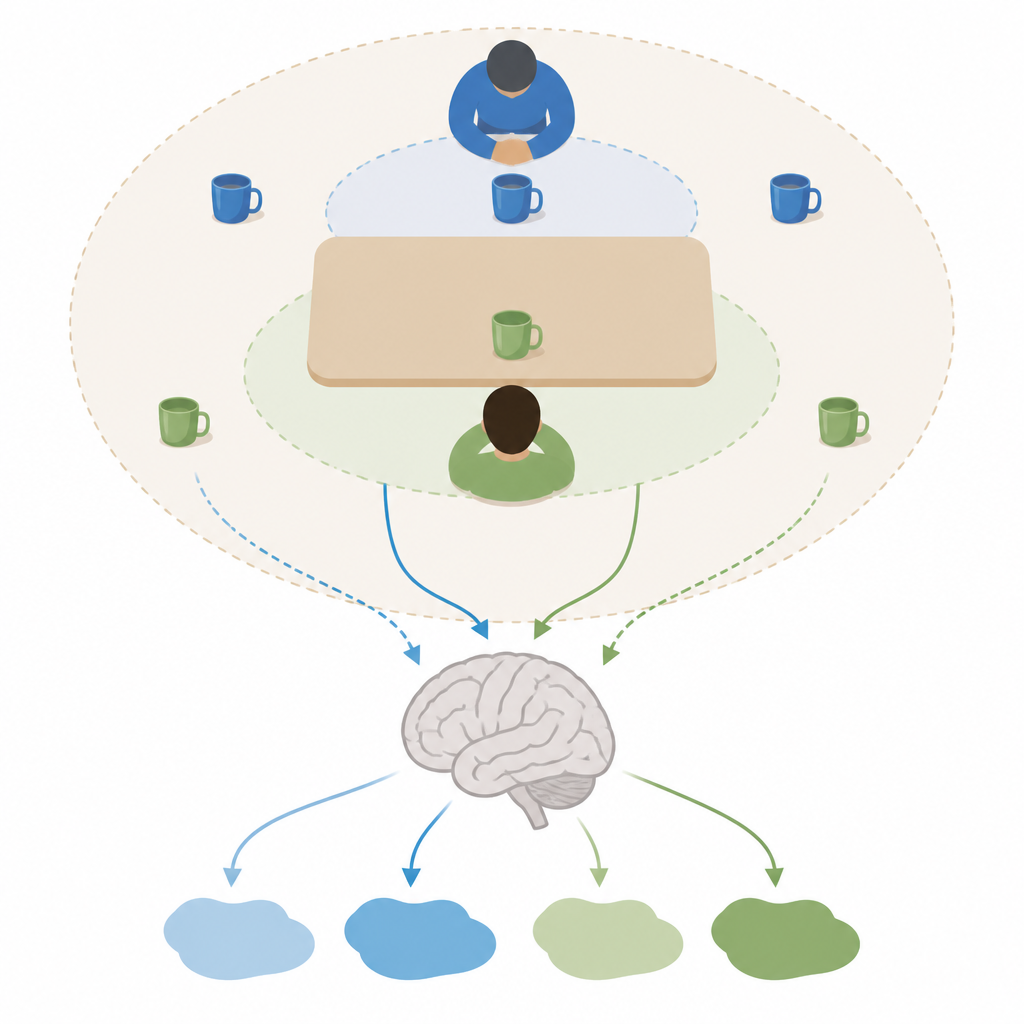 Figure 1. Cómo el cerebro vincula objetos cercanos y lejanos con quién los posee para guiar cuándo actuamos o nos contenemos.