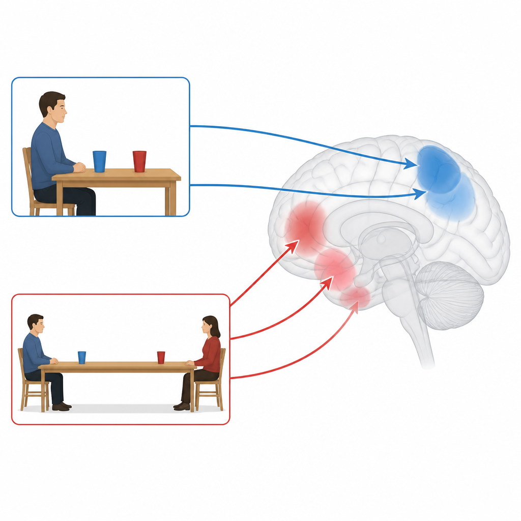 Figure 2. Cómo responden distintas áreas cerebrales cuando los objetos propios frente a los de otros se sitúan dentro o fuera de nuestro espacio de alcance.