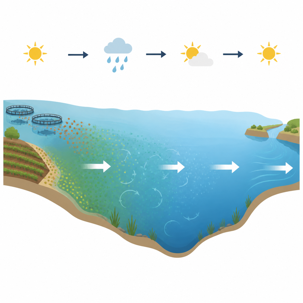 Figure 2. How nutrients from fish farms and fields concentrate near shore but are diluted as water mixes and flows through Lake Kariba