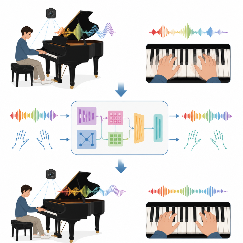 Figure 1. AI-assistent luistert en kijkt naar een pianist om veiliger, expressiever oefenen in realtime te begeleiden.