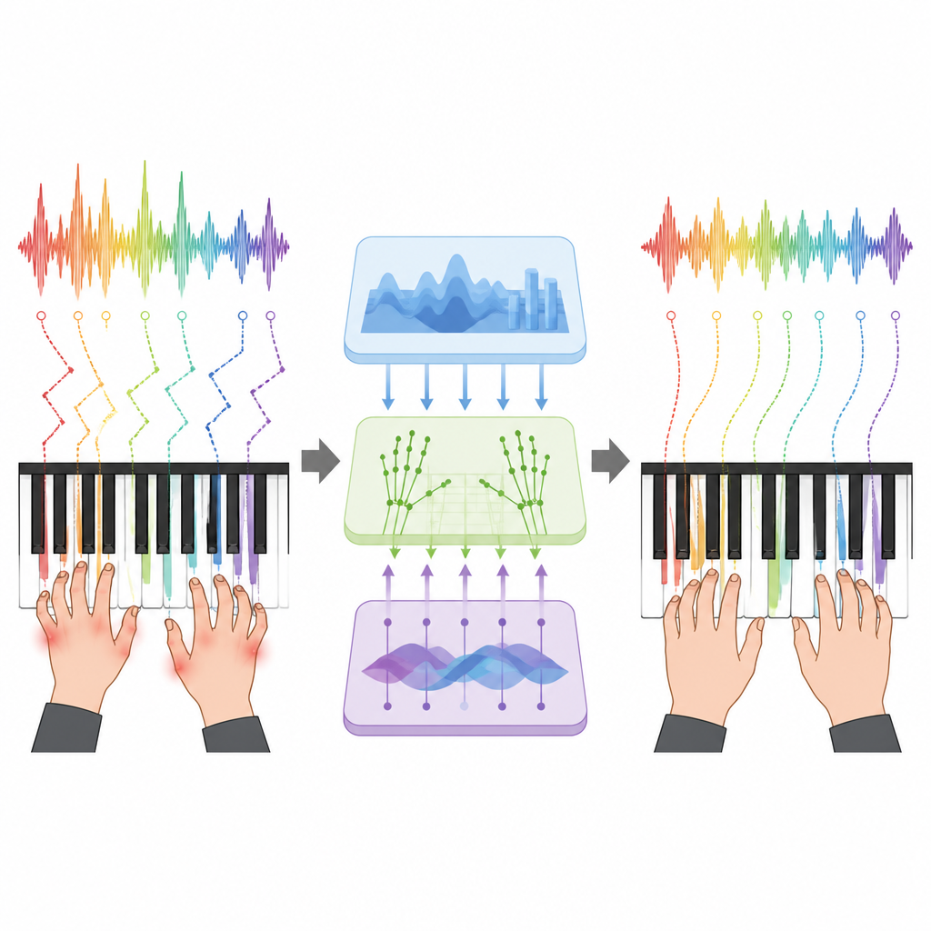 Figure 2. Systeem fuseert pianogeluid en handbeweging om onhandig vingergebruik om te zetten in vloeiender, efficiënter spel.